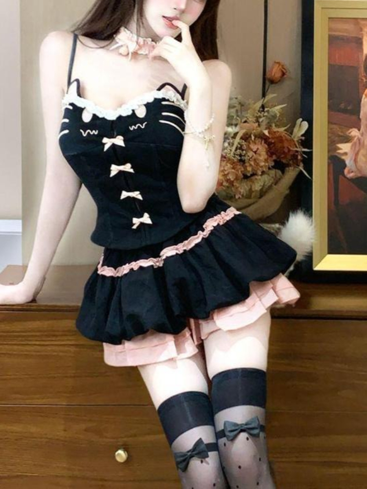 Summer Kawaii Cute Cartoon Cat - Cami Top Lace avis et prix