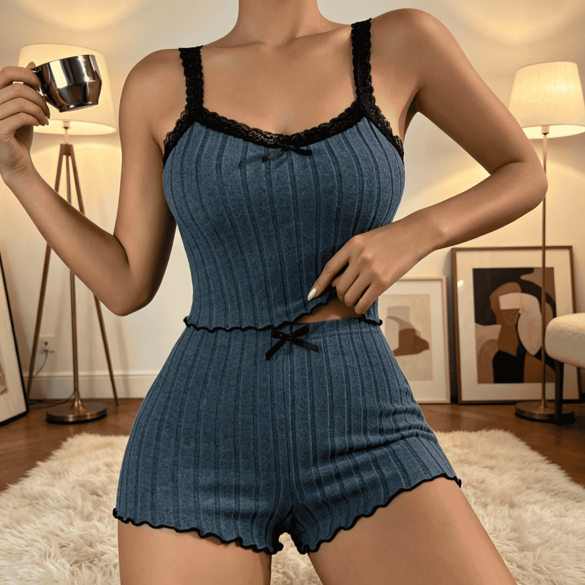 Women Cute Summer Ribbed Knit  - Cami Top Lace avis et prix
